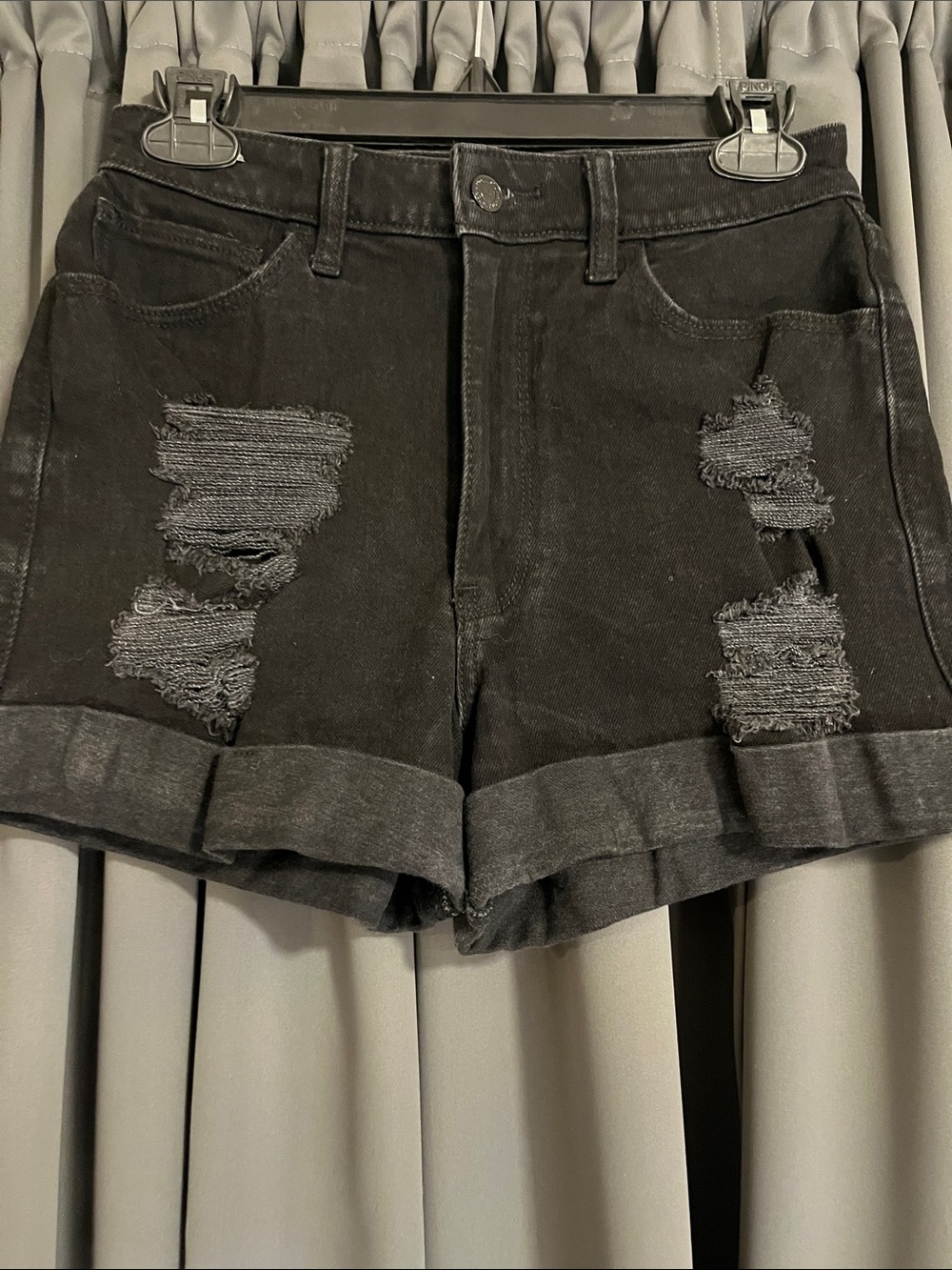 Hollister Black Distressed Rolled Cuff Denim Shorts